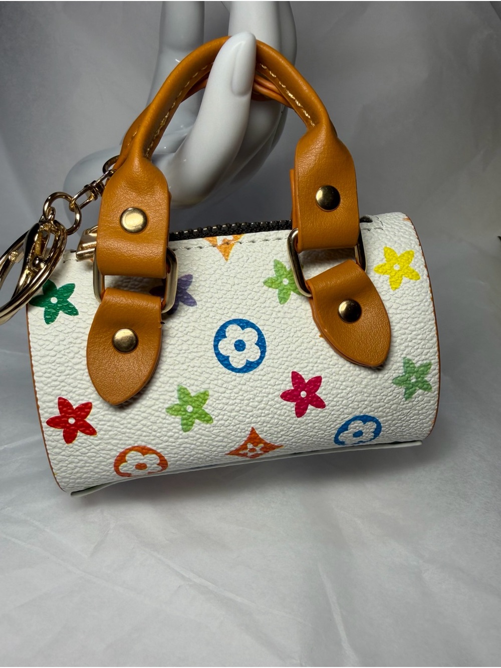Multicolor Mini Bag Keychain & Bag Charm White with Tan Handles